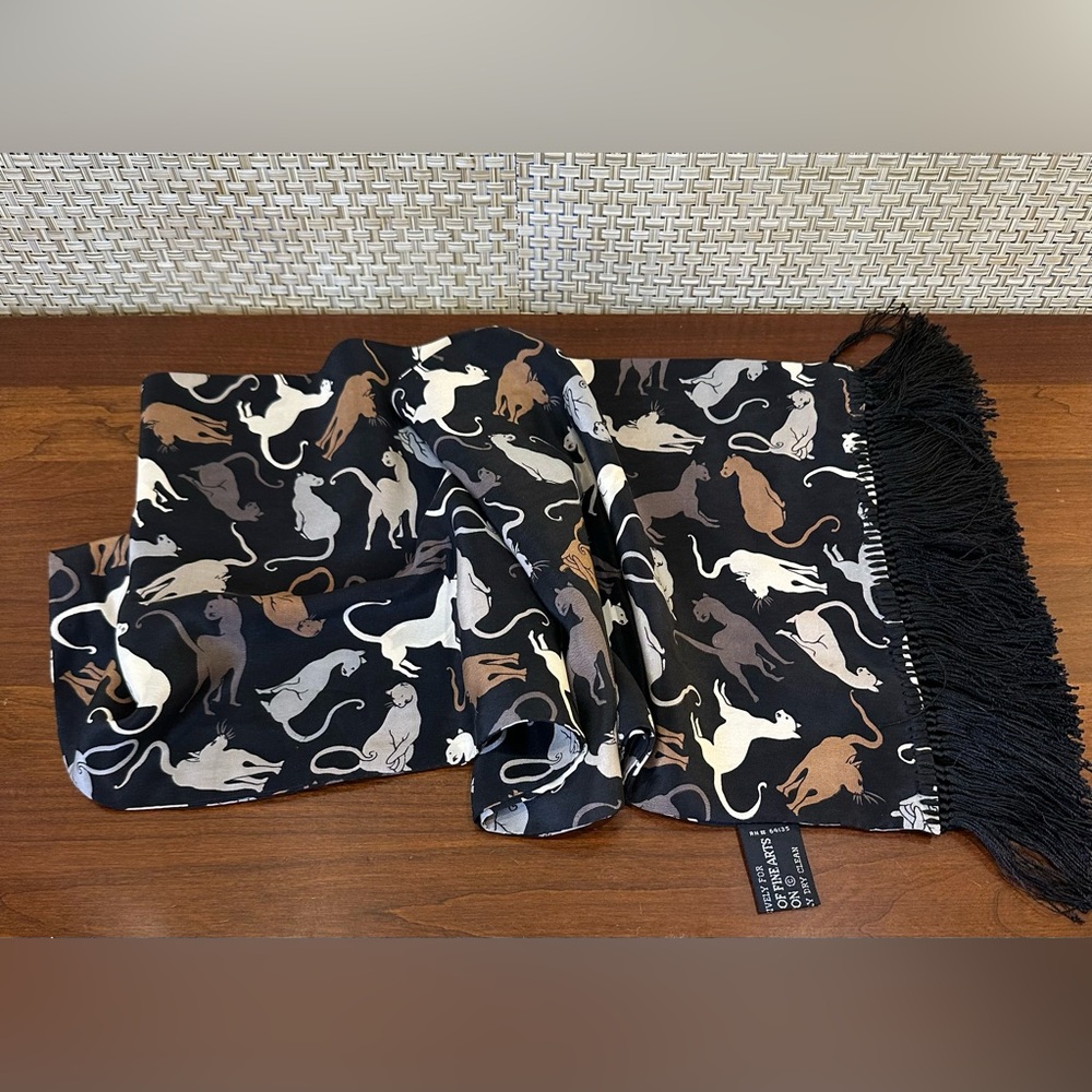 🌟HP🌟VTG 1990s Museum of Fine Arts Boston (MFA) Black 100% Silk Cat Scarf Fringe - Picture 4 of 11